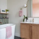Primary bathroom remodel with luxury finishes in a whole house renovation at the Wharf.